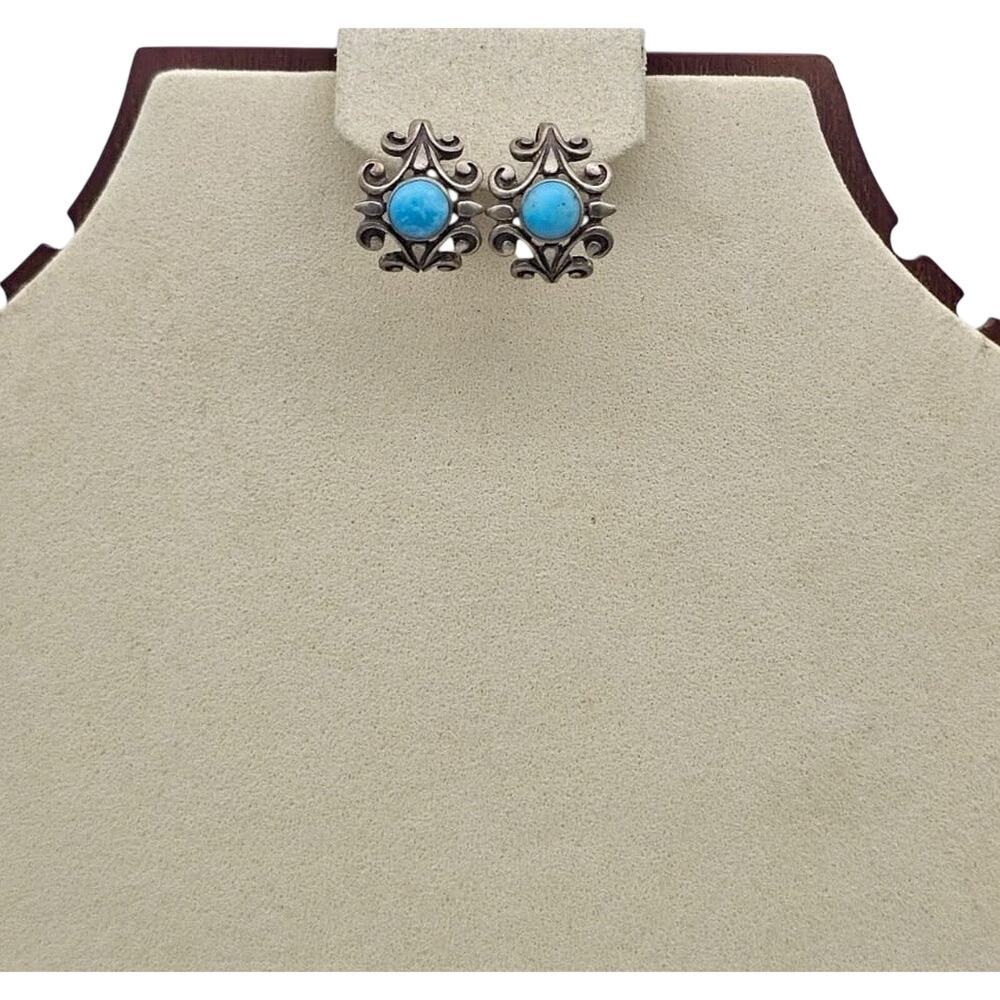Vintage Southwestern Sterling Silver Turquoise Pierced Earrings - Picture 2 of 8